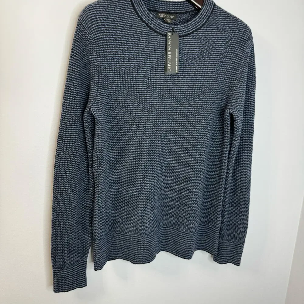 Banana Republic Mens Adrano Striped Italian Wool Blend Sweater Preppy Navy L